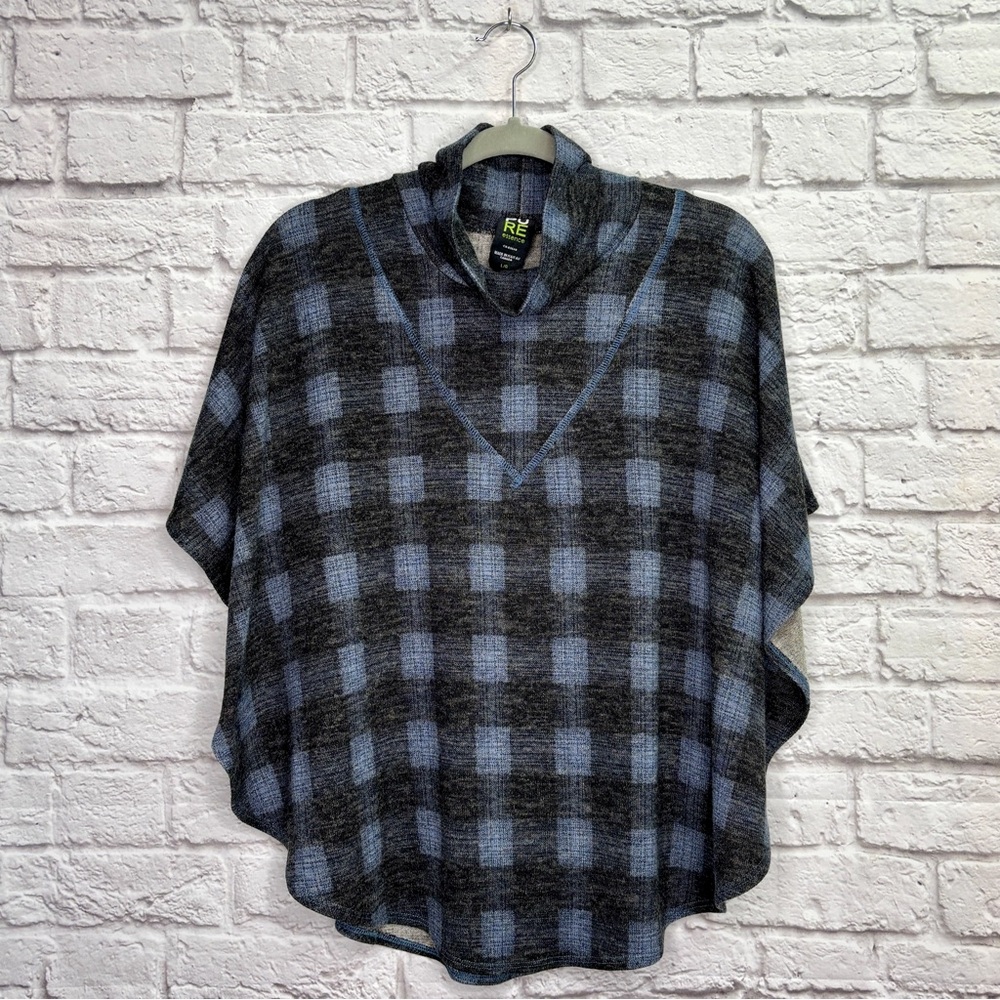 Pure Essence Womens Mock Neck Poncho Top Size L Sweater Cape Plaid Blue Black
